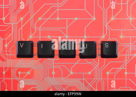 Keyboard keys laid out the word virus , on a red background Stock Photo