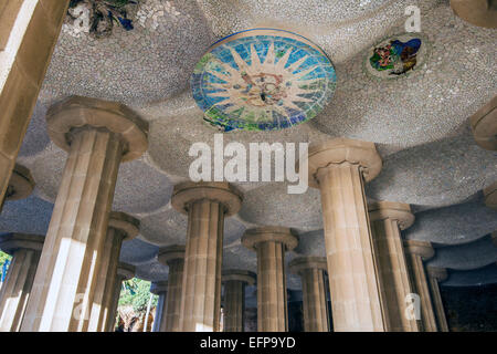 Ceiling multicolored mosaic in the Hypostyle Room at Park Guell or Parc Guell, Barcelona, Catalonia, Spain Stock Photo