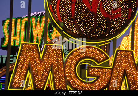 Neon Signs, MGM Grand Hotel/Casino and Showcase Mall on The Strip, Las Vegas, Nevada, USA. Stock Photo