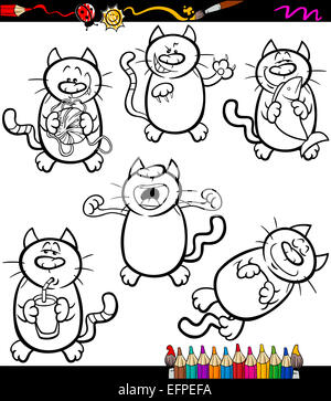 Coloring Book or Page Cartoon Illustration of Black and White Funny Cats Set Stock Photo