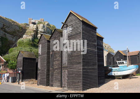 The Stade, net huts (net shops) and funicular railway in the centre of Old Town, Hastings, East Sussex, England, United Kingdom Stock Photo