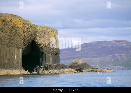 The mouth of Fingal's Cave, Staffa Island, with Mull in the distance, Inner Hebrides, Scotland, United Kingdom, Europe