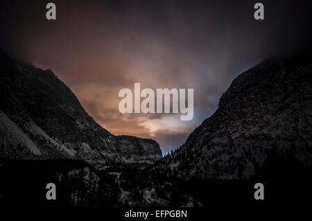 Light pollution in mountain valley at night, Seton Lake Reserve, Cayoosh Creek, Lillooet, British Columbia, Canada Stock Photo