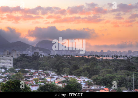 View of Rodrigo de Freitas lagoon and the Botanical Gardens district at dawn, Rio de Janeiro, Brazil, South America Stock Photo