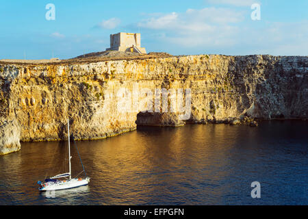 Cliff top watch tower, Comino island, Malta, Mediterranean, Europe Stock Photo