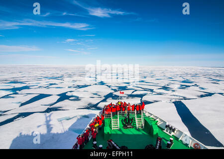 Expedition boat navigating through the pack ice in the Arctic shelf, Svalbard, Arctic Stock Photo
