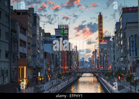 Dotombori at sunset, Osaka, Kansai, Japan, Asia Stock Photo
