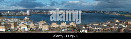 Panorama shot of Cardiff, Wales, UK looking North East across The Bay from Penarth Head with Penarth Marina in the foreground. Stock Photo