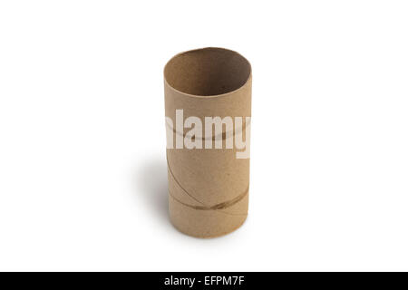 Closeup of one empty cardboard toilet roll, isolated on white background Stock Photo