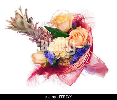 Beautiful bouquet of roses, carnations, decorative pineapple and other flowers in red  package isolated on white background. Stock Photo