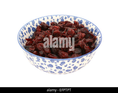 Dried cranberries in a blue and white porcelain bowl with a floral design, isolated on a white background Stock Photo