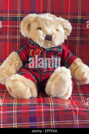 Teddy bear soft cuddly toy wearing tartan outfit sat on tartan background - Scottish bear concept bear from Scotland Stock Photo