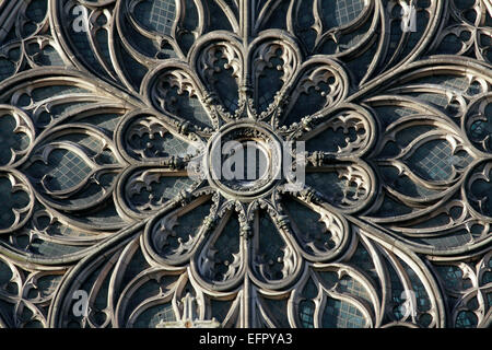 Rose window in the south transept of All Saints Parish Church, Leamington Spa. (Photo taken from the outside.) Stock Photo