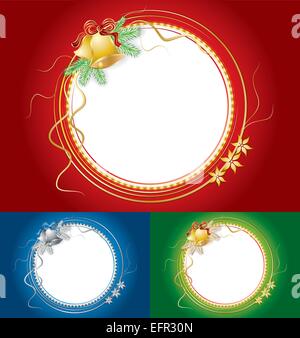 Set of three christmas shiny frames with bells and pine branches, vector illustration Stock Vector