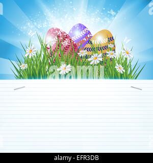 Colorful Easter eggs decorated with flowers in the grass on blue sky background and copy-space, eps10 vector illustration Stock Vector