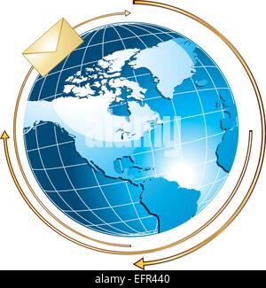 Blue world with golden flying envelope, vector illustration Stock Vector