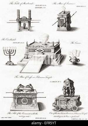 Old Testament religious artifacts. From top left: The Table of Shewbread or Showbread, The Altar of Incense, The Candlestick, The Altar of Brass in Solomon's Temple, The Censer, The Ark of the Covenant with the Mercy Seat and One of the Ten Brazen Lavers in Solomon's Temple. Stock Photo