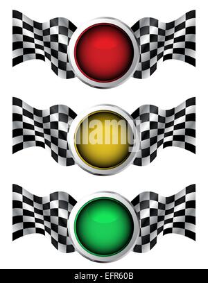 Illustration of a Digital Collage Of Red, Yellow And Green Traffic Lights With Checkered Racing Flags Stock Vector