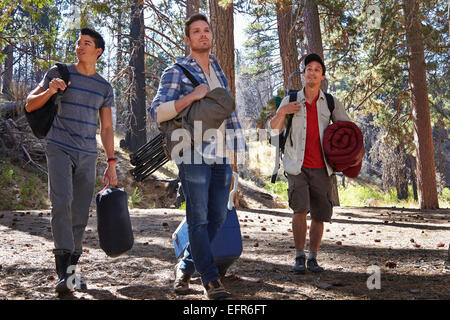 Three young men in forest with camping equipment, Los Angeles, California, USA Stock Photo
