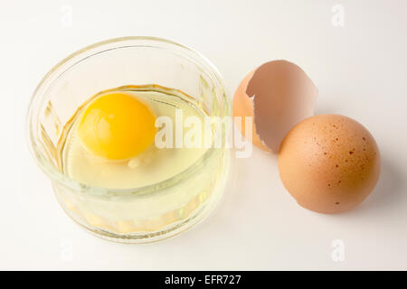 Cracked Egg in a Ramekin Dish with Broken Egg Shell Stock Photo