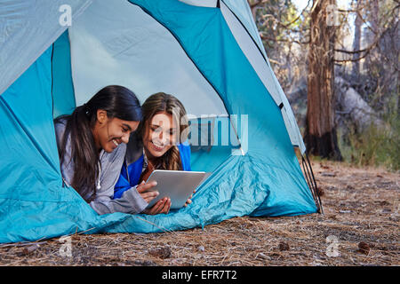Two young women lying in tent looking at digital tablet in forest, Los Angeles, California, USA Stock Photo