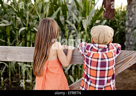 Rear view of boy and girl leaning against field fence Stock Photo