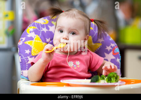 toddler girl in a highchair for feeding with fork and plate Stock Photo