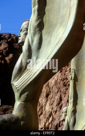 Dramatic art deco-style sculptures serve as a memorial to workers who died in the construction of the Hoover Dam, Nevada. Stock Photo