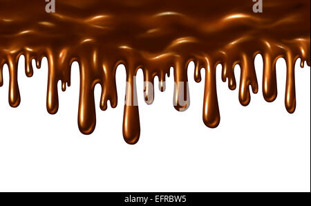 Chocolate liquid melting and pouring down with dripping sweet brown syrup isolated on a white background as a food design element symbol. Stock Photo