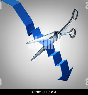 Cut losses financial concept to salvage an investment as scissors cutting a downward finance chart arrow as a business symbol for money management strategy. Stock Photo