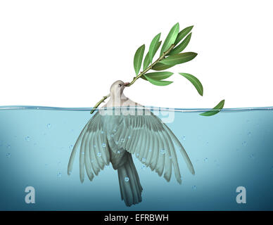 Diplomatic crisis concept as a peace dove drowning in water trying to hold on to an olive branch as an urgency symbol for failed diplomacy to negotiate an end to war. Stock Photo