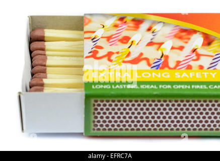 Box of matches. Open box of extra long safety matches on a white background. Stock Photo