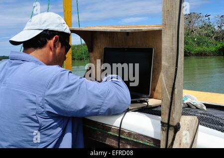 GPS -  Monitoring Frigate bird  ' Isla de los Pajaros ' -  PUERTO PIZARRO. Department of Tumbes .PERU Stock Photo