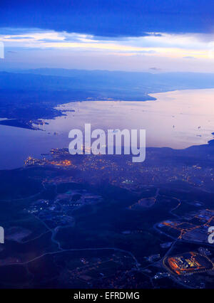 Night view of Istanbul from plane, Bosphorus, Istanbul, Turkey Stock Photo