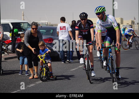 Qatar. 09th Feb, 2015. Alexander Kristoff (Katusha) won stage 2 of the Tour of Qatar and moved into the overall lead at the end of a high-speed day of racing that saw the peloton shattered by crosswinds on the long road to Al Khor Corniche. The Tour of Qatar is an annual professional road bicycle racing stage race held in Qatar. Since its foundation in 2002, the tour has been part of the UCI Asia Tour. Credit:  Ionel Sorin Furcoi/Alamy Live News Stock Photo