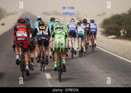 Qatar. 09th Feb, 2015. Alexander Kristoff (Katusha) won stage 2 of the Tour of Qatar and moved into the overall lead at the end of a high-speed day of racing that saw the peloton shattered by crosswinds on the long road to Al Khor Corniche. The Tour of Qatar is an annual professional road bicycle racing stage race held in Qatar. Since its foundation in 2002, the tour has been part of the UCI Asia Tour. Credit:  Ionel Sorin Furcoi/Alamy Live News Stock Photo