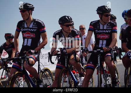 Qatar. 09th Feb, 2015. Alexander Kristoff (Katusha) won stage 2 of the Tour of Qatar and moved into the overall lead at the end of a high-speed day of racing that saw the peloton shattered by crosswinds on the long road to Al Khor Corniche. The Tour of Qatar is an annual professional road bicycle racing stage race held in Qatar. Since its foundation in 2002, the tour has been part of the UCI Asia Tour. Credit:  Ionel Sorin Furcoi/Alamy Live News Stock Photo