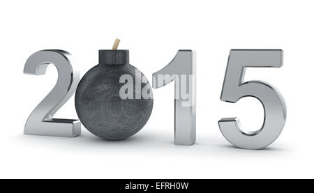 3d render of 2015 year sign with round bomb isolated on white background. Danger concept Stock Photo