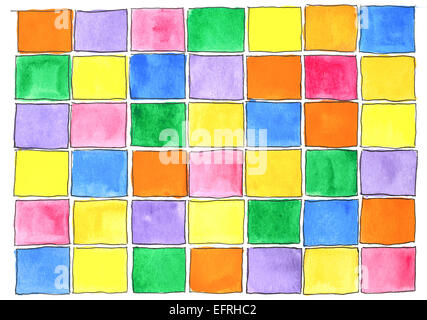 Background of handpainted watercolor blocks each outlined in black ink. Stock Photo