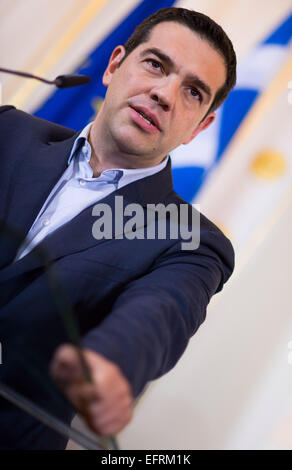 Vienna, Austria. 9th Feb, 2015. Greek Prime Minister Alexis Tsipras talks during a news conference in Vienna, Austria on February 09, 2015. Credit:  Christian Bruna/ZUMA Wire/ZUMAPRESS.com/Alamy Live News Stock Photo