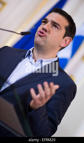 Vienna, Austria. 9th Feb, 2015. Greek Prime Minister Alexis Tsipras talks during a news conference in Vienna, Austria on February 09, 2015. Credit:  Christian Bruna/ZUMA Wire/ZUMAPRESS.com/Alamy Live News Stock Photo