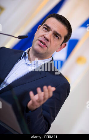 Vienna, Austria. 9th Feb, 2015. Greek Prime Minister Alexis Tsipras talks during a news conference in Vienna, Austria on February 09, 2015. Credit:  Christian Bruna/ZUMA Wire/ZUMAPRESS.com/Alamy Live News Stock Photo