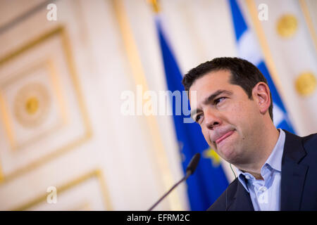 Vienna, Austria. 9th Feb, 2015. Greek Prime Minister Alexis Tsipras listens during a news conference in Vienna, Austria on February 09, 2015. Credit:  Christian Bruna/ZUMA Wire/ZUMAPRESS.com/Alamy Live News Stock Photo