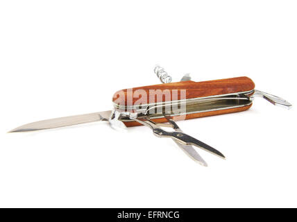 Closeup view of a closed brown swiss knife on white background Stock Photo