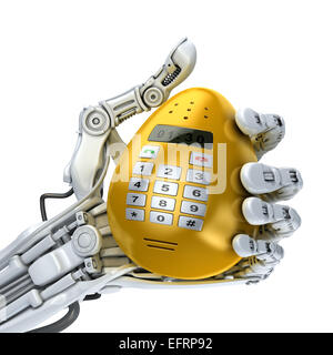 Robot hand holding a  fantasy golden smart phone like Easter egg. Conceptual futuristic technologies 3d illustration Stock Photo