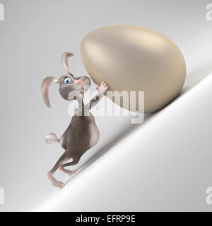 Cartoon Easter bunny holds giant egg. Funny 3d illustration Stock Photo
