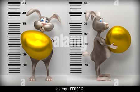 Funny Easter rabbit with big gold egg in police. Bunny photographed for a criminal case. 3d illustration Stock Photo