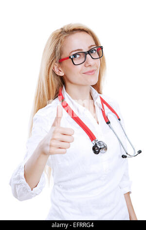 Female Doctor Gesturing Thumbs Up on the white Stock Photo