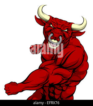 Tough mean muscular red bull character or sports mascot in a fight punching with fist Stock Photo