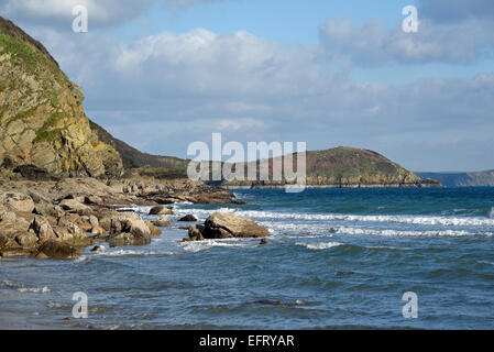 South Cornwall Coast.  Looking east from Pentewan Sands towards Black Head. Stock Photo